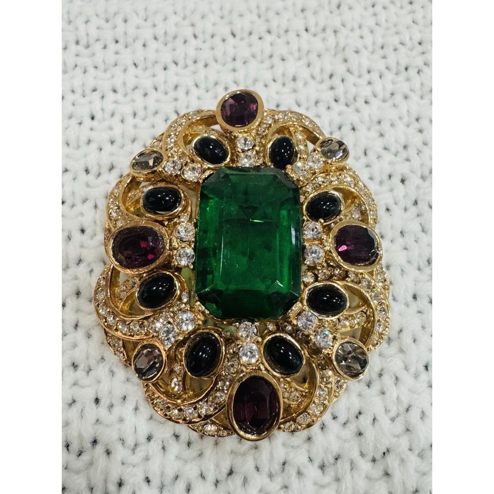 Vintage CINER Signed Green Glass Black Cabochon Rhinestone Statement Brooch